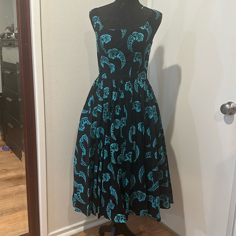 Vintage cotton black with teal blue paisley feather print